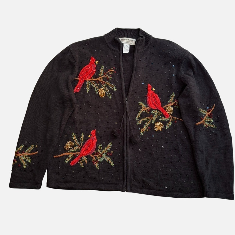 VTG Y2K Embroidered Cardinal Holiday Christmas Cardigan Grandma Sweater Sequins